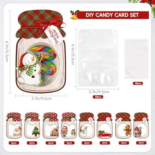Giiffu 48 Pack Christmas Mason Jar Cards with Clear Treat Bags