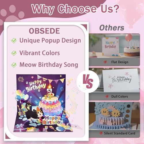 OBSEDE Cat Birthday Card with 3D Pop Up and Music