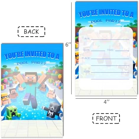Gaming and Pool Party Birthday Invitations 20 PCS with Envelopes