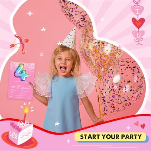 Pink 4th Birthday Invitation Cards 20 Pieces With Envelopes
