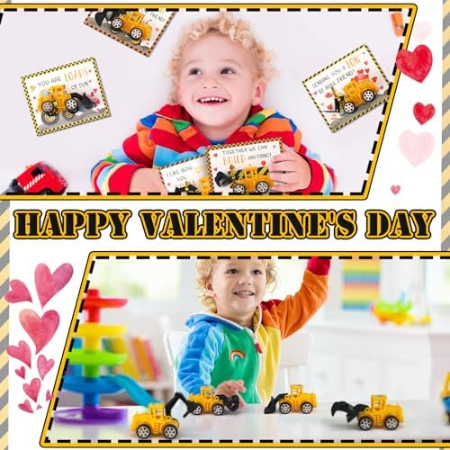 30 Construction Vehicle Valentine Cards Set for Classroom Party Favors