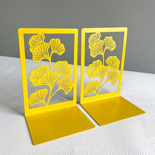 2Pcs Ginkgo Leaf Metal Book Ends - Golden Yellow Design