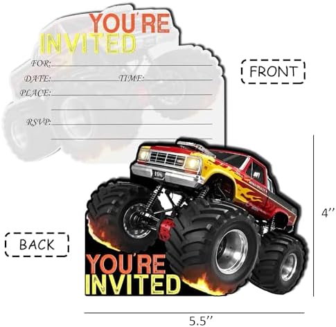 Monster Truck Party Invitations 20-Pack with Envelopes