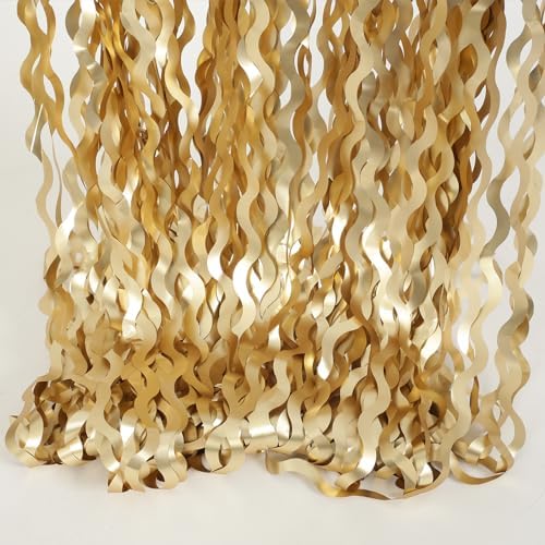 4 Pack Wavy Champagne Gold Metallic Tinsel Curtain Backdrop for Parties