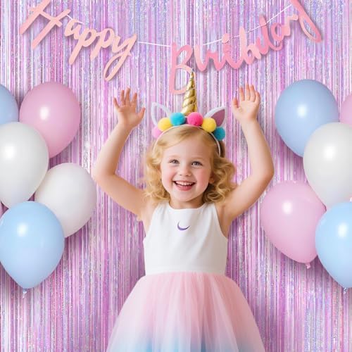 2 Pack Pink Tinsel Foil Fringe Party Backdrop Curtains 32x82ft