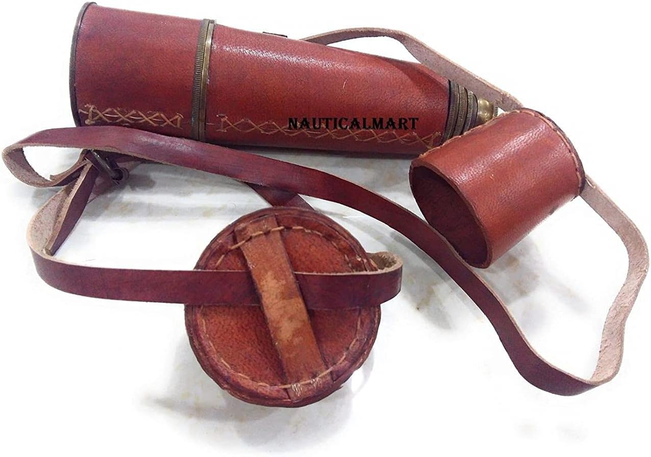 Antique Spyglass Telescope with Leather Lens Cap and Brass Frame