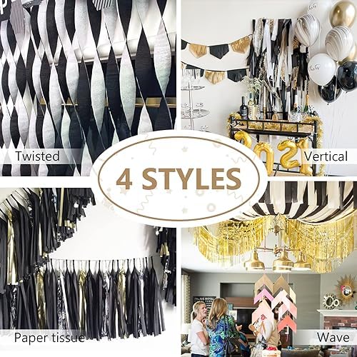 PartyWoo Crepe Paper Streamers 6 Rolls Black Gold