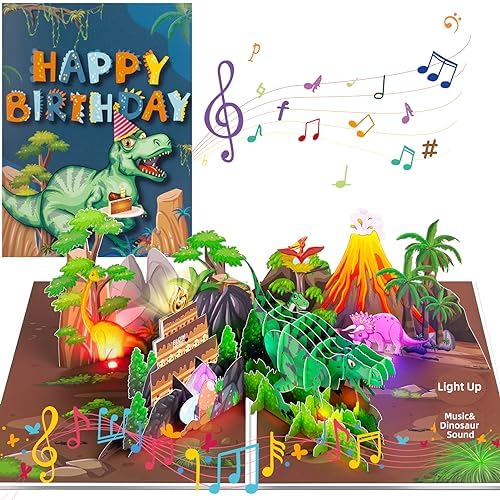 Dinosaur Musical Birthday Card with LED Lights and 3D Pop Up