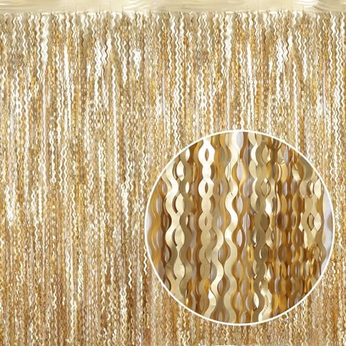 4 Pack Wavy Champagne Gold Metallic Tinsel Curtain Backdrop for Parties
