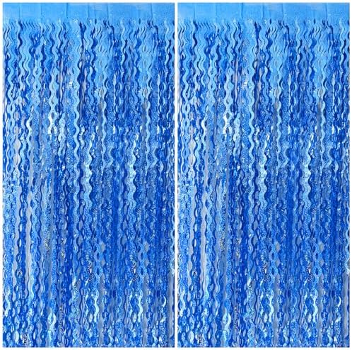 BOMSI Blue Wavy Tinsel Foil Fringe Curtain