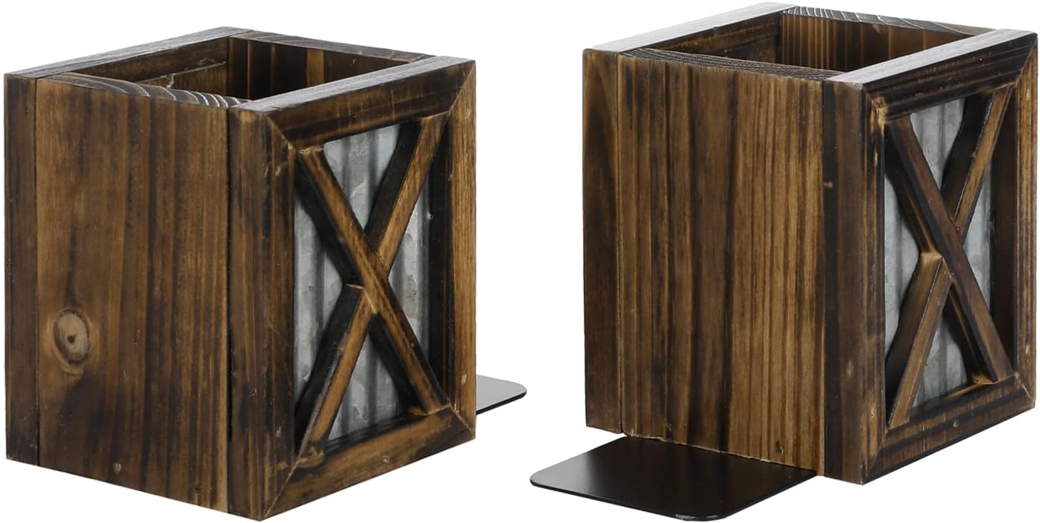 MyGift Rustic Burnt Wood Bookends with Galvanized Metal Accent 1 Pair