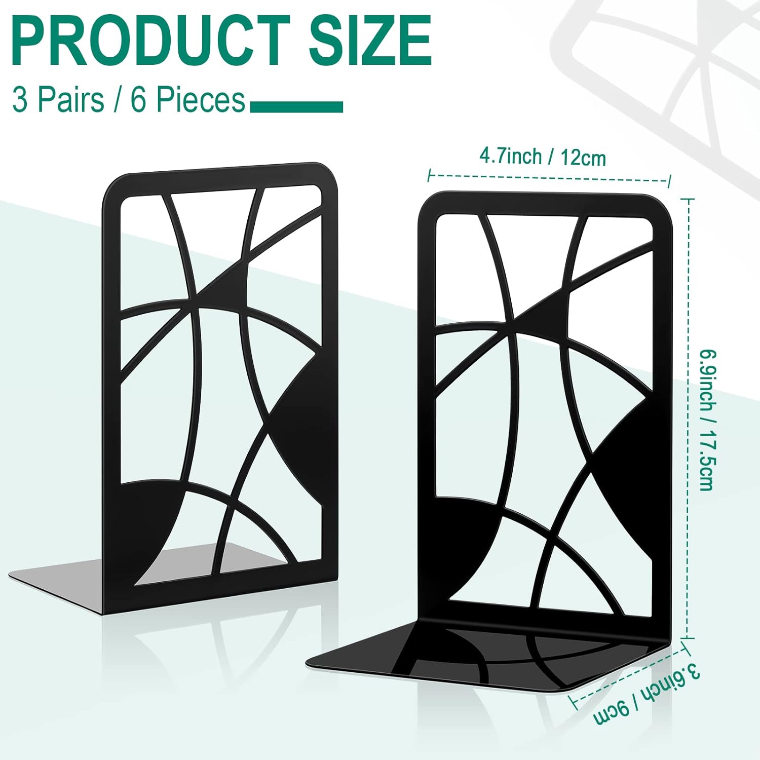 Zonon 3 Pairs Black Metal Bookends for Shelves