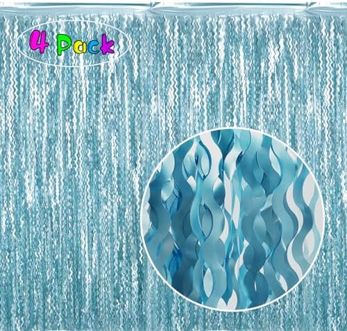 4 Pack Wavy Blue Foil Fringe Curtains 33x66ft Ocean Backdrop