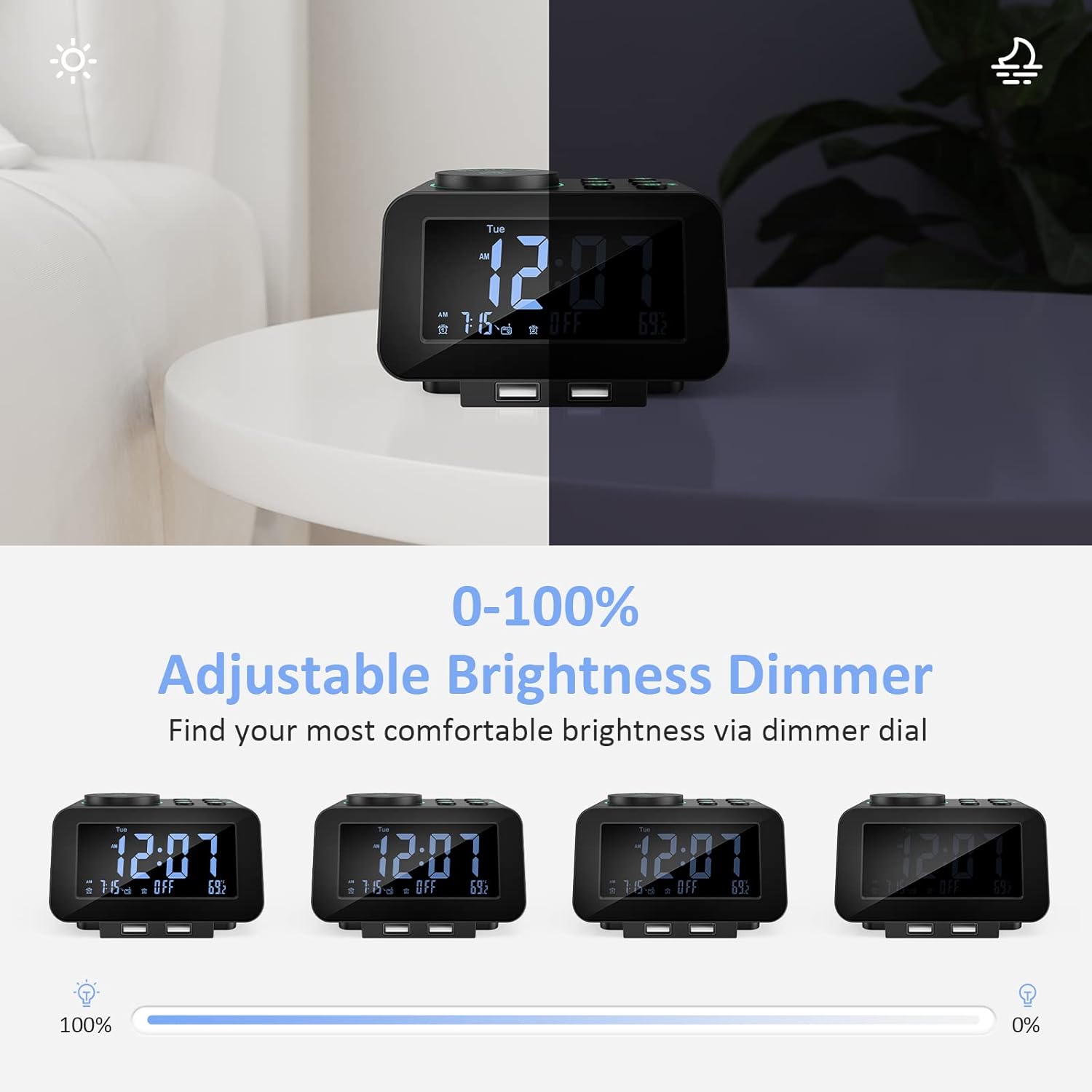 uscce Digital Dual Alarm Clock Radio with Dimmer and Thermometer