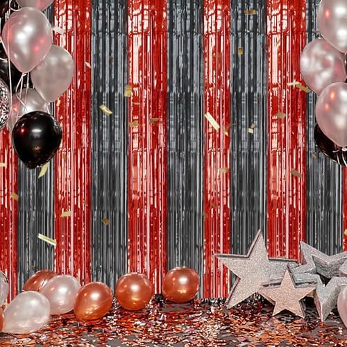 2 Pack Foil Fringe Backdrop Red Black Shiny Tinsel Curtains
