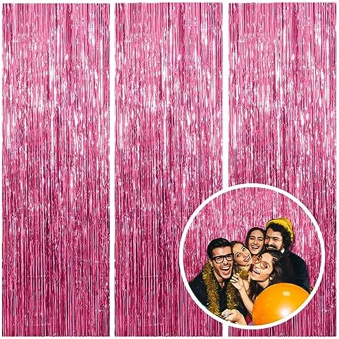 3 Pack Pink Tinsel Foil Backdrop Decorations for Parties