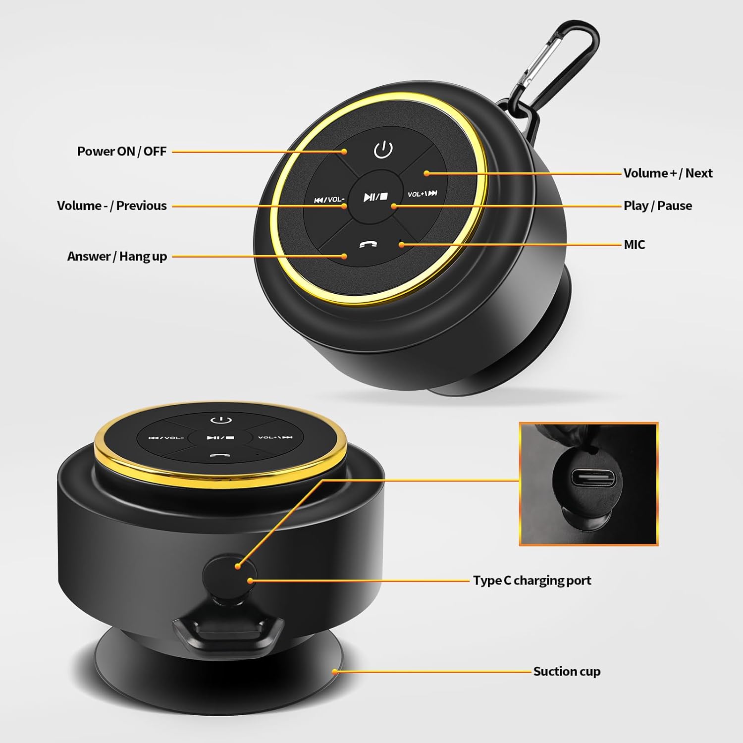 Bluetooth Shower Speaker with Carabiner IP67 Waterproof