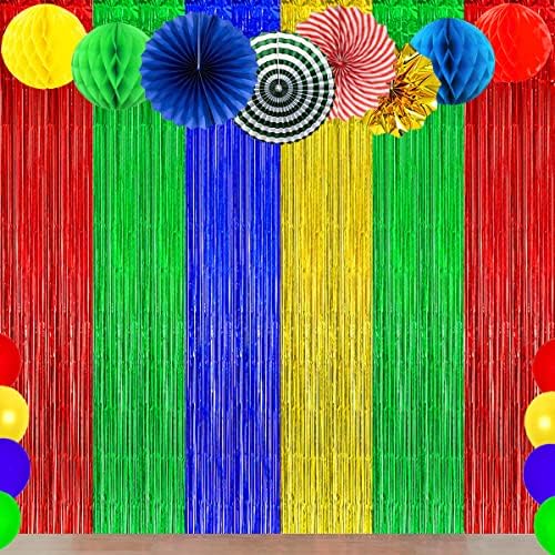 Blue Red Green Yellow Party Decor Backdrop Curtain 3Pack