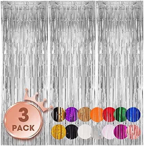 3 Pack 33x82 Feet Silver Foil Fringe Backdrop Curtains