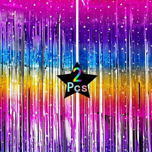 Rainbow Metallic Tinsel Foil Fringe Curtains 2 Packs