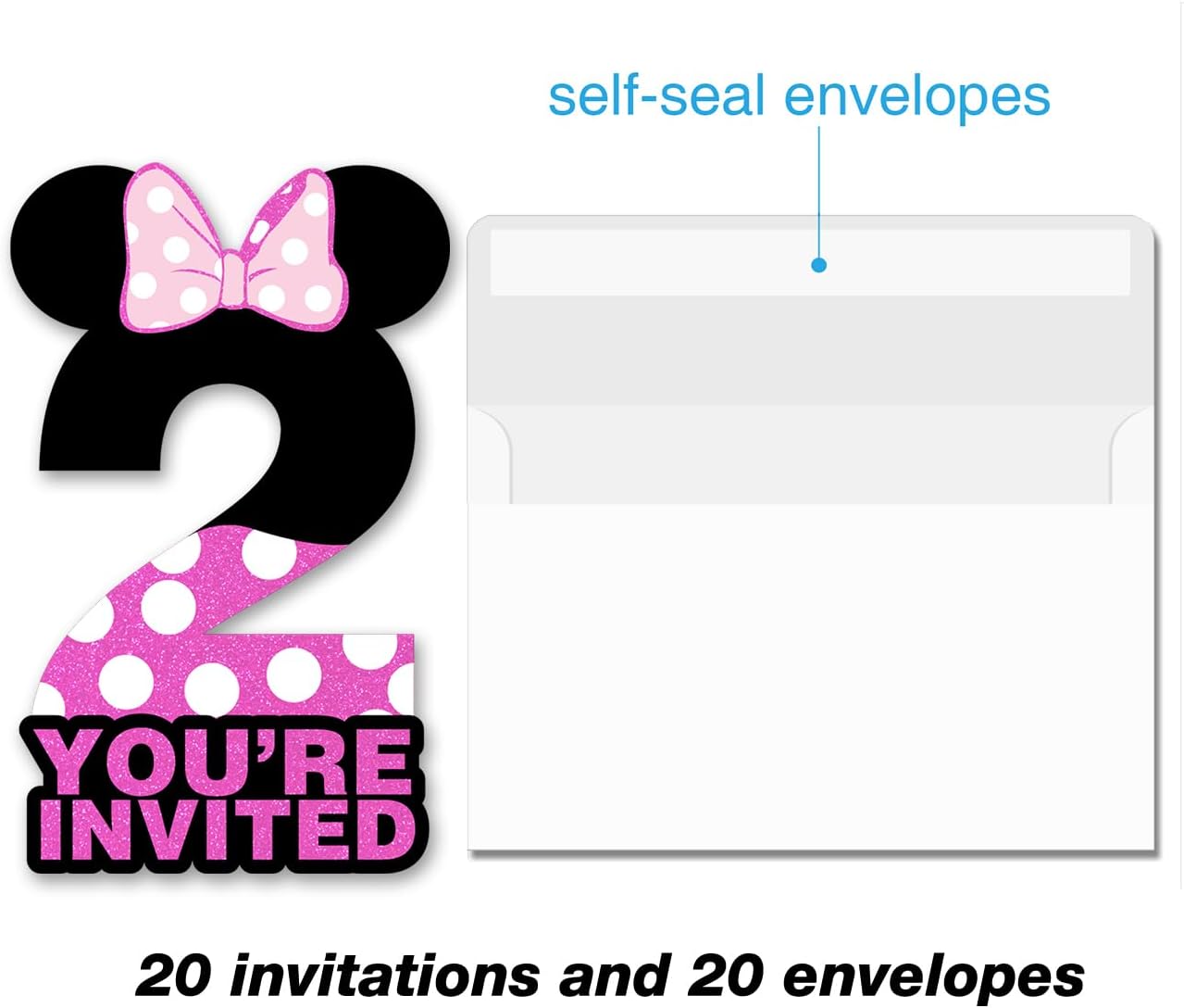 Brayqu 2nd Birthday Shaped Invitations Pink Glitter Mouse 20 Cards with Envelopes