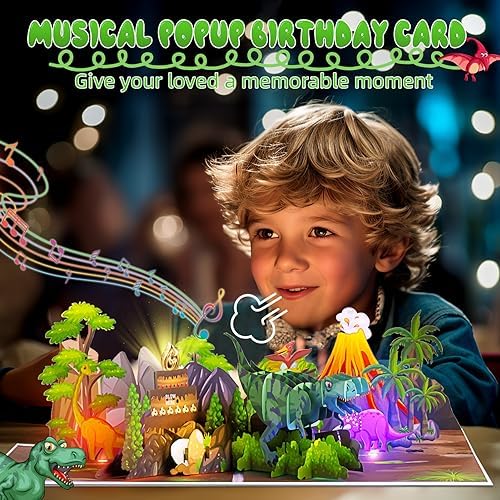 Dinosaur Musical Birthday Card with LED Lights and 3D Pop Up
