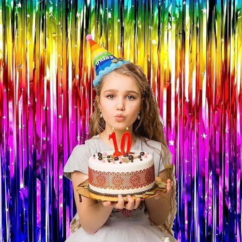 Rainbow Metallic Tinsel Foil Fringe Curtains 2 Packs
