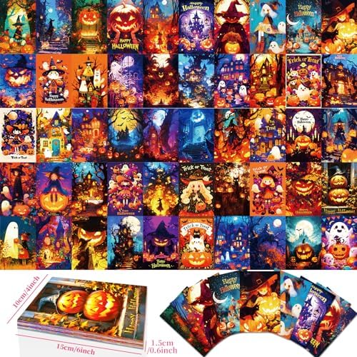 50 Halloween Cartoon Postcard Set - Ghost Witch Pumpkin Cat Custom Gift Cards