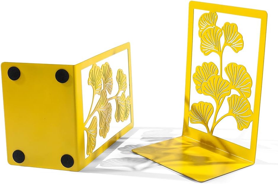 2Pcs Ginkgo Leaf Metal Book Ends - Golden Yellow Design