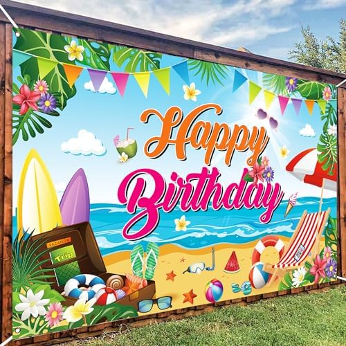 Aushenke Summer Beach Birthday Backdrop Banner 71x43 Inches