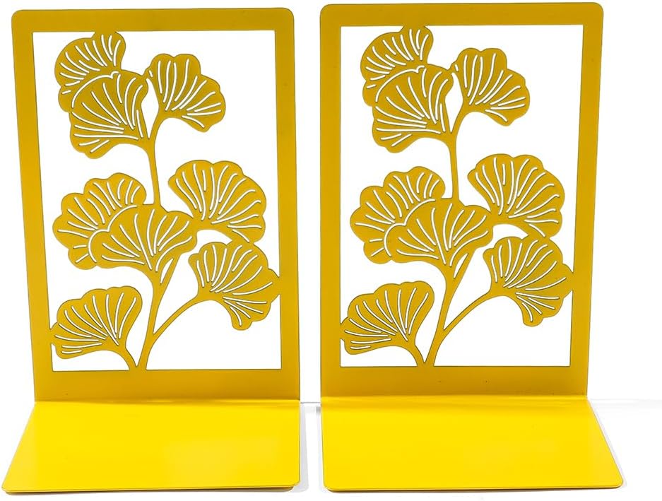 2Pcs Ginkgo Leaf Metal Book Ends - Golden Yellow Design