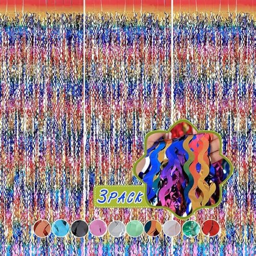 3 Pack Rainbow Foil Fringe Curtain Backdrop
