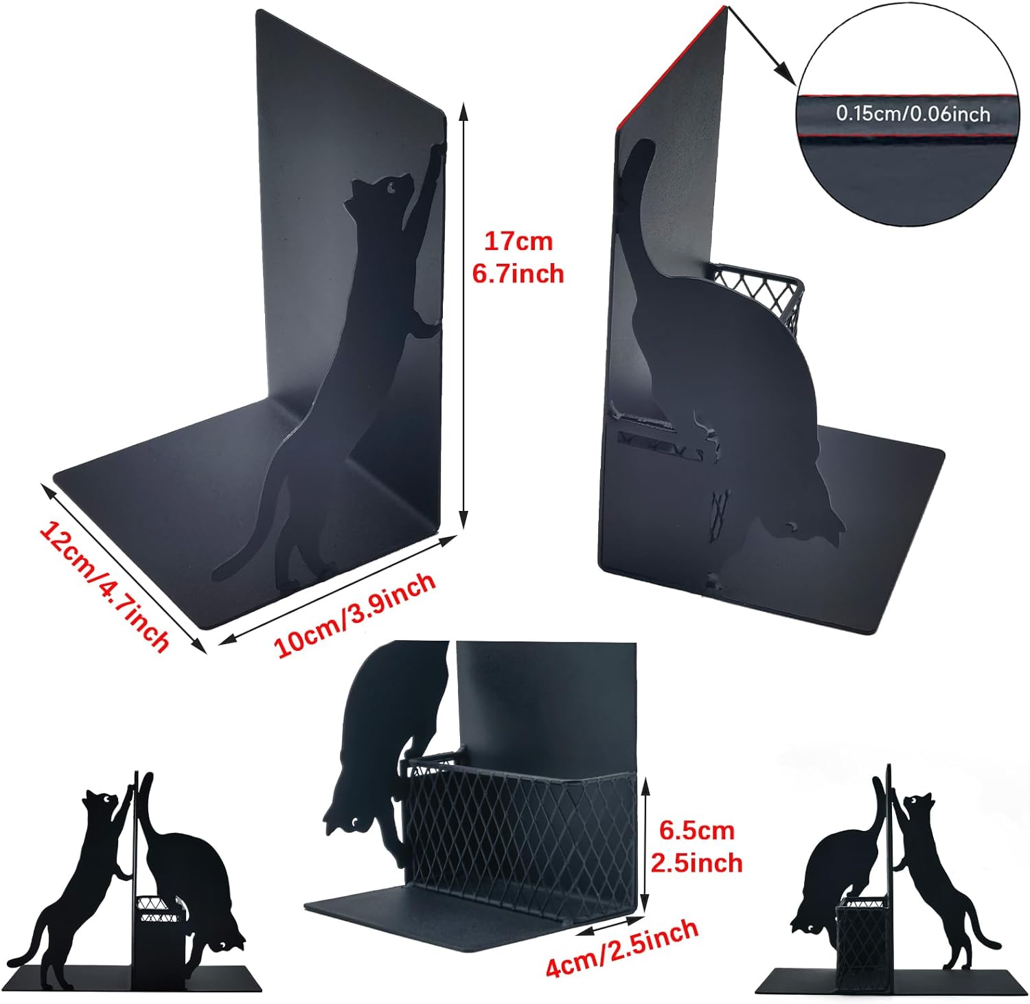 Cat Book Ends with Pen Holder for Desk and Bookshelf