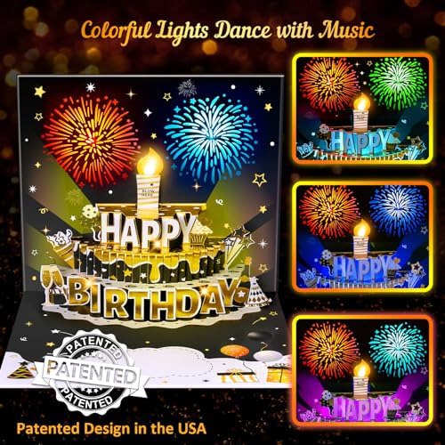 INPHER Age Birthday Card with Light Music Fireworks Pop Up Cake