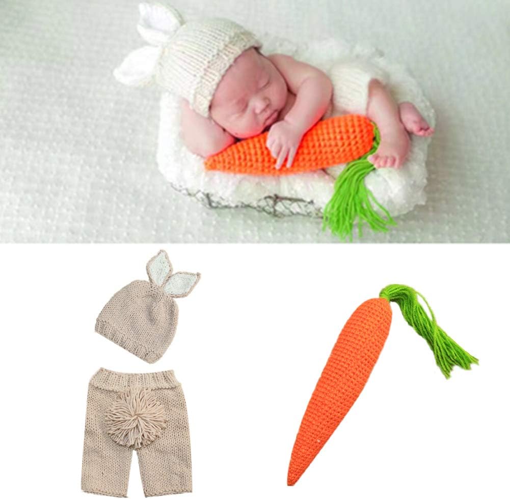 Newborn Baby Easter Outfit Crochet Knit Carrot Rabbit Beanie Pants Hat Set