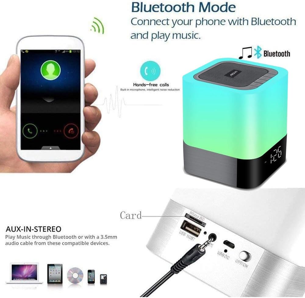 Aisuo 5 in 1 Night Light Bluetooth Speaker with Calendar Alarm Clock
