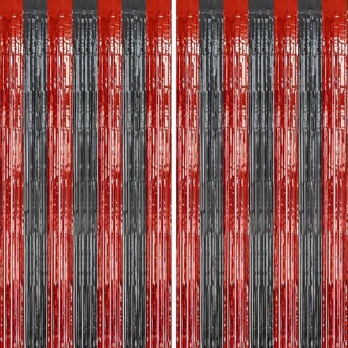 2 Pack Foil Fringe Backdrop Red Black Shiny Tinsel Curtains