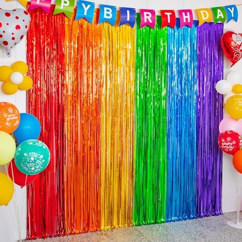 KAWKALSH Rainbow Foil Fringe Curtains 2 Pack