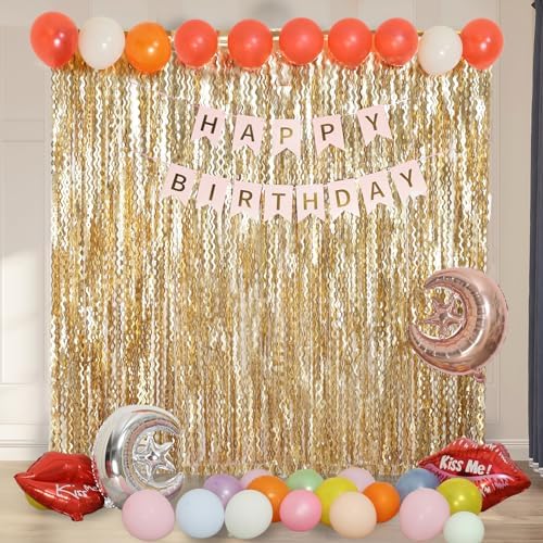 4 Pack Wavy Champagne Gold Metallic Tinsel Curtain Backdrop for Parties