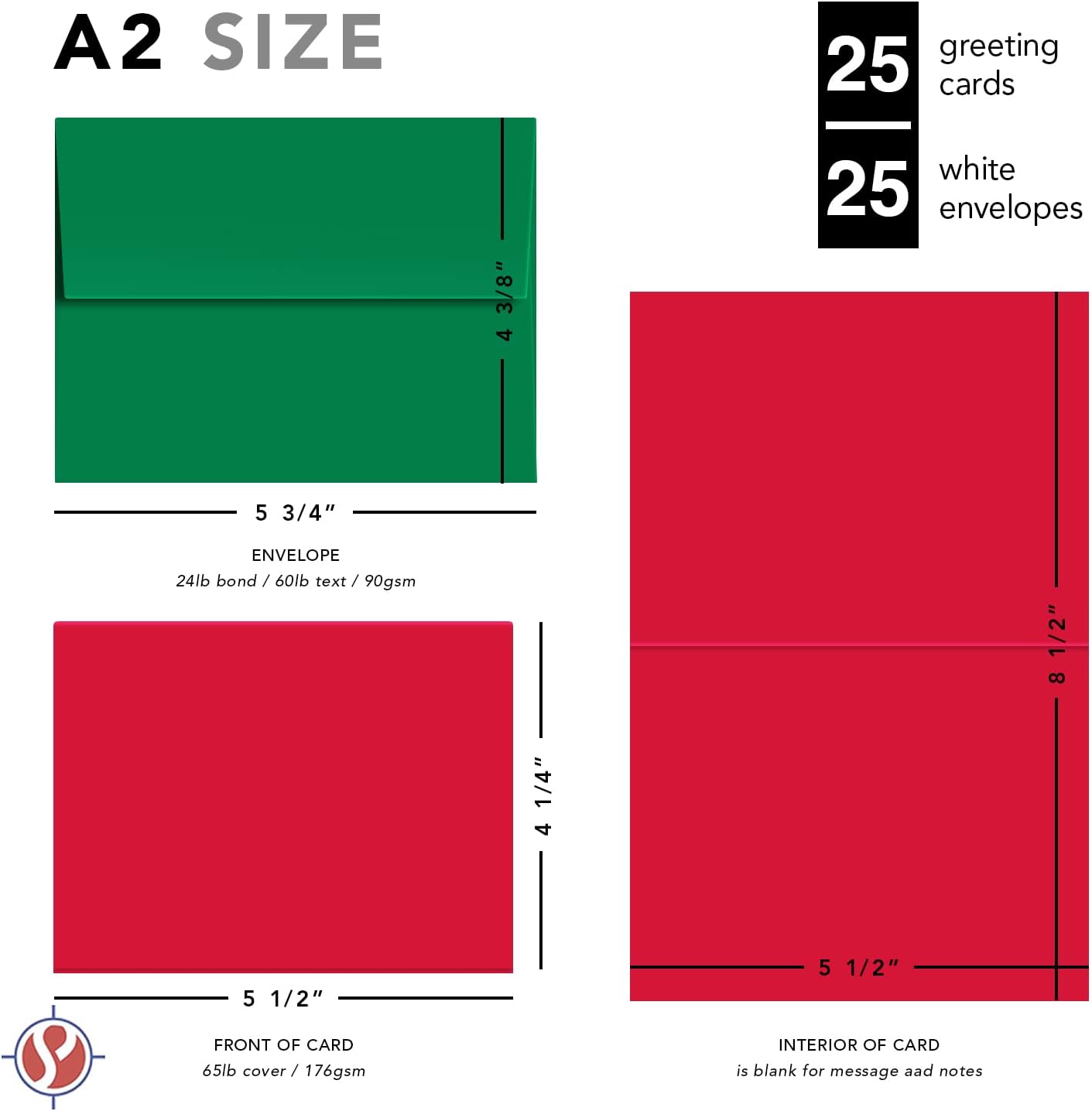Blank Red A2 Cards with Green Envelopes - 25 Sets