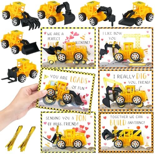 30 Construction Vehicle Valentine Cards Set for Classroom Party Favors