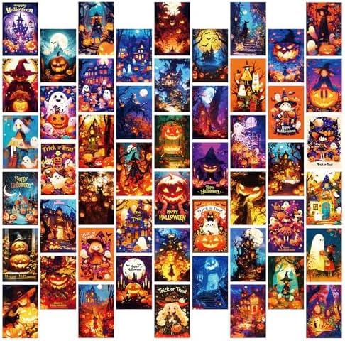 50 Halloween Cartoon Postcard Set - Ghost Witch Pumpkin Cat Custom Gift Cards