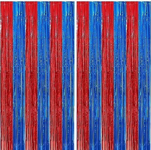 2 Pack Red Blue Foil Fringe Curtains Photo Booth Props