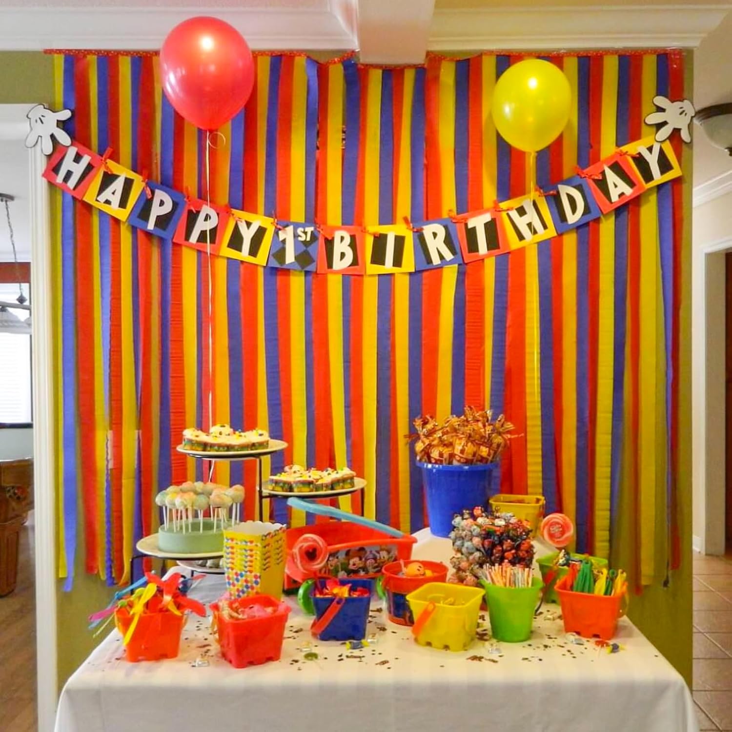 PartyWoo Large Crepe Paper Streamers 3 Rolls 393ft Royal Blue Red Yellow