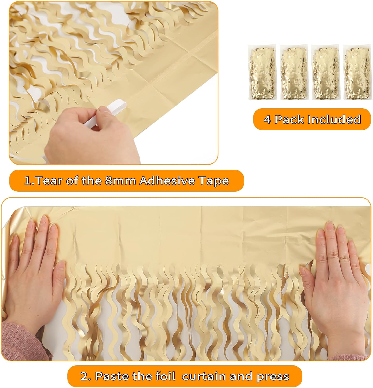 4 Pack Wavy Champagne Gold Metallic Tinsel Curtain Backdrop for Parties