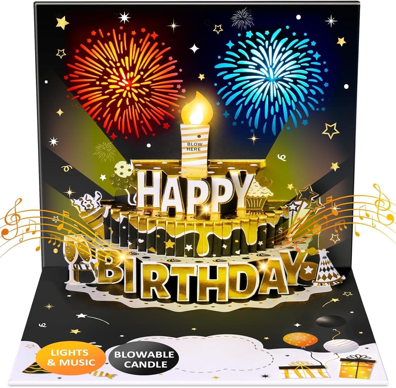 INPHER Age Birthday Card with Light Music Fireworks Pop Up Cake