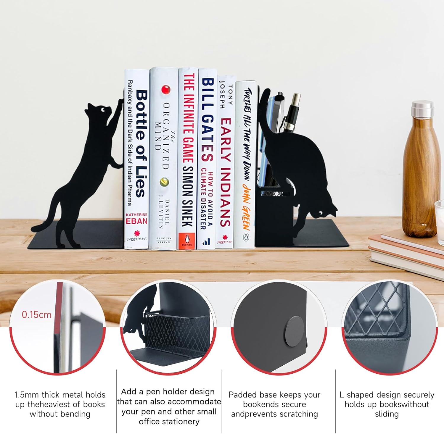 Cat Book Ends with Pen Holder for Desk and Bookshelf