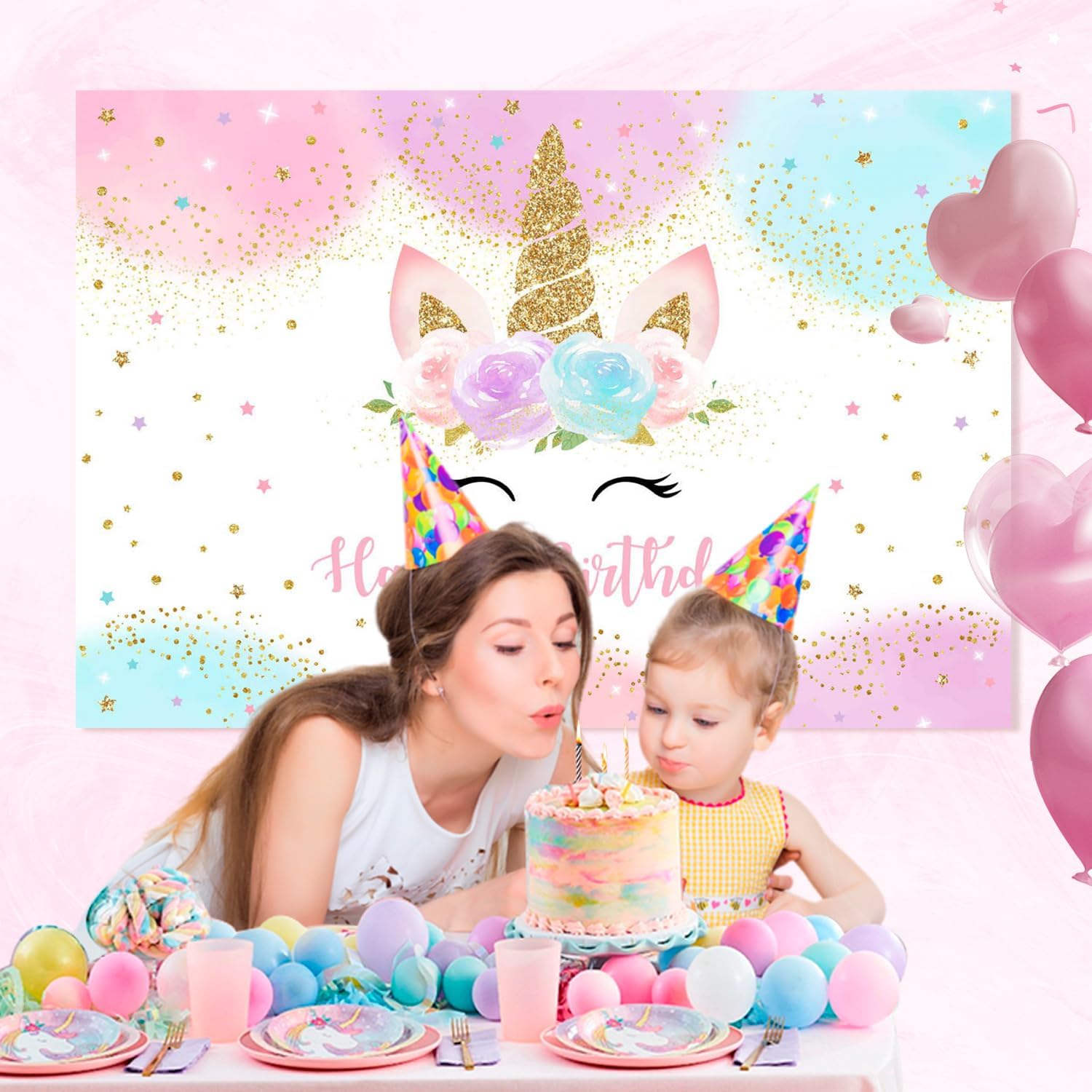Mocsicka Unicorn Birthday Backdrop 5x3ft Pastel Rainbow Glitter