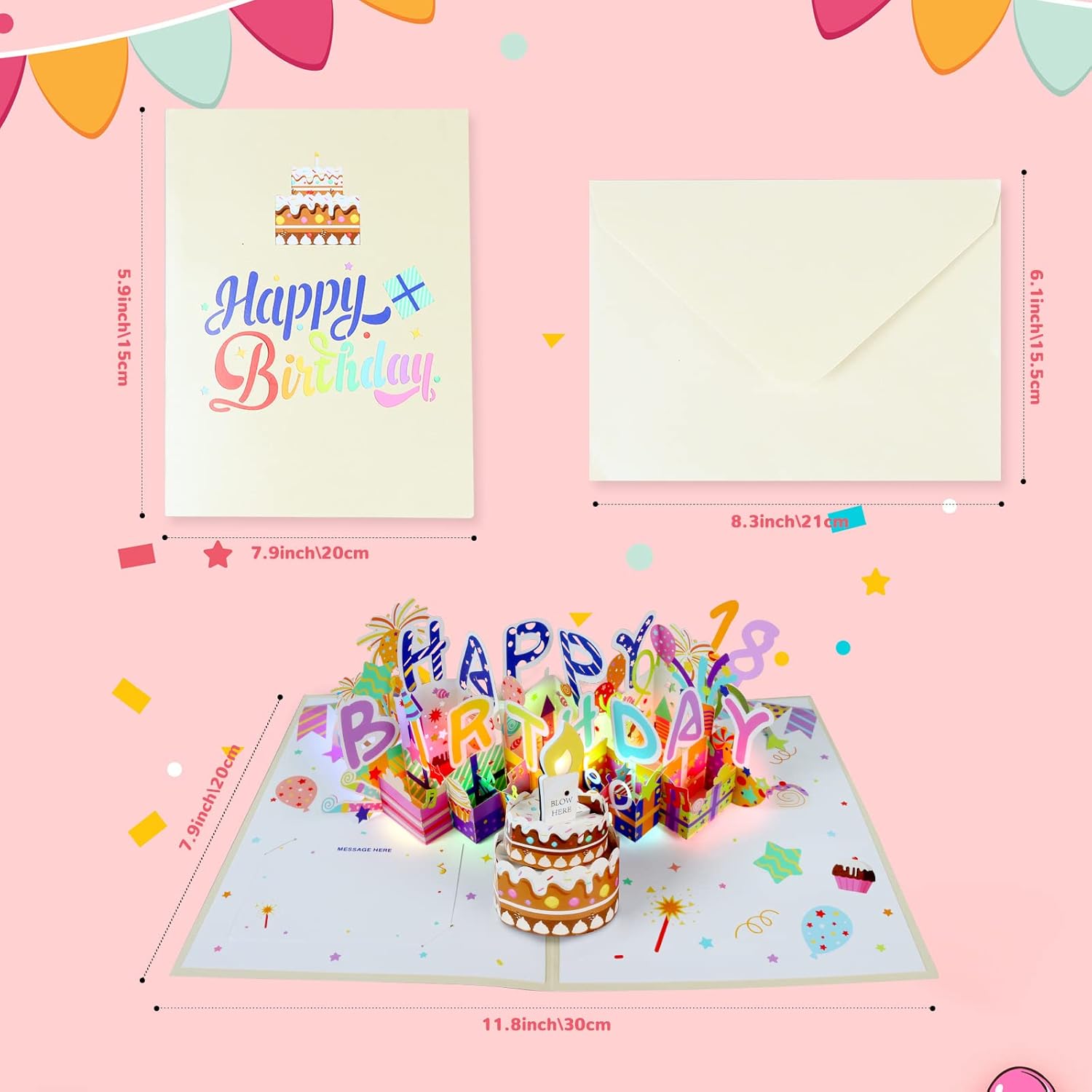 3D Musical Birthday Card with LED Light and Blowable Candle