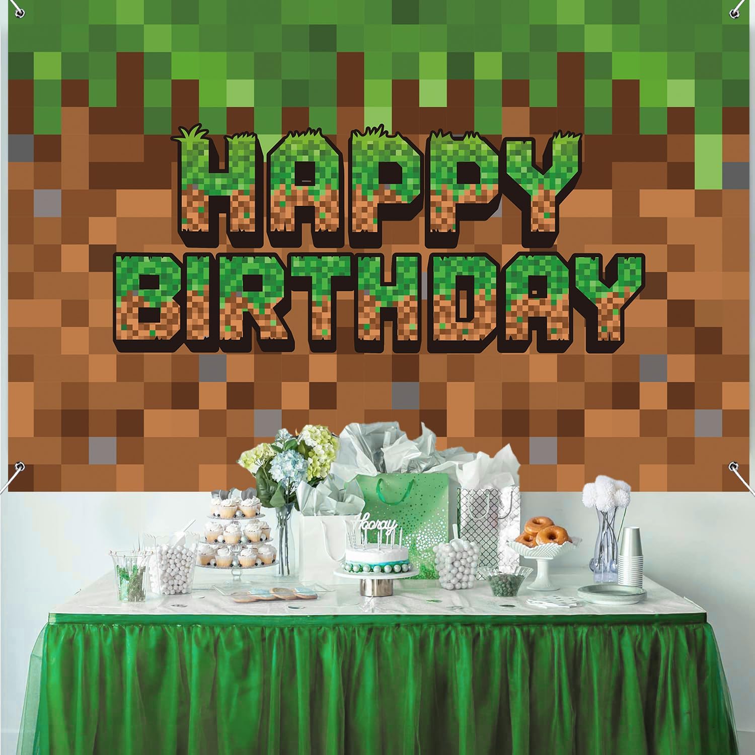 Green and Brown Video Game Themed Birthday Backdrop Banner